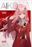  aiko_(kanl) artist_name breasts candy cover cover_page cowboy_shot darling_in_the_franxx doujin_cover eyebrows_visible_through_hair eyeshadow food green_eyes hairband lollipop long_hair makeup medium_breasts military military_uniform mouth_hold oni_horns orange_neckwear pink_hair red_horns solo straight_hair uniform white_hairband zero_two_(darling_in_the_franxx) 