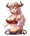  :d aliza_(granblue_fantasy) bandaged_arm bandaged_hands bandages bare_shoulders blush braid breasts cleavage collarbone draph dress granblue_fantasy headpiece highres horns large_breasts long_hair looking_at_viewer midriff navel open_mouth pants pointy_ears red_eyes silver_hair simple_background single_braid smile solo sukemyon very_long_hair white_background 