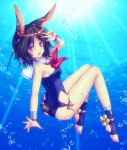  animal_ears armpits ass azur_lane bare_legs brown_hair bubble bunny_ears bunny_tail commentary_request full_body hair_ornament i-26_(azur_lane) looking_at_viewer mikoto_(mikoto_r_a) one-piece_swimsuit open_mouth rudder school_swimsuit short_hair solo stirrup_legwear sunlight swimsuit tail tan toeless_legwear underwater v 