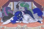  2018 bed blue_feathers blue_hair blush bow canopy_bed castle clothed clothing curtains cute dress duo equine eyelashes eyeshadow feathered_wings feathers female feral footwear friendship_is_magic fully_clothed hair hi_res hooves horn inside japanese_text lolita_(fashion) long_hair looking_at_viewer lying makeup mammal mascara multicolored_hair my_little_pony on_bed portrait princess_celestia_(mlp) princess_luna_(mlp) purple_eyes rainbow_hair ribbons shoes sibling signature sisters smile sparkles teal_eyes text white_feathers window winged_unicorn wings yanamosuda 