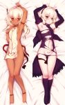  armpits arms_up ass_visible_through_thighs barefoot bed_sheet blush breasts commentary_request dakimakura dark_skin demon_tail detached_sleeves frown fur-trimmed_sleeves fur_trim hairband heart_tattoo kneehighs looking_at_viewer m-da_s-tarou no_panties parted_lips pubic_tattoo red_eyes rocoroco short_hair small_breasts tail tanaka_the_wizard tattoo thigh_gap torn_clothes white_hair 