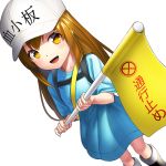  bangs blue_shirt blush boots brown_eyes brown_hair commentary_request eyebrows_visible_through_hair flag flat_cap hair_between_eyes hat hataraku_saibou kyon_(fuuran) long_hair open_mouth platelet_(hataraku_saibou) shirt short_sleeves simple_background smile solo very_long_hair white_background white_hat 