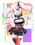  :d absurdres bada_(jksh5056) bangs bare_shoulders black_dress blue_eyes blunt_bangs blush breasts cleavage cleavage_cutout commentary_request dress eyebrows_visible_through_hair fang hair_ornament hairclip hands_up head_tilt highres kaguya_luna kaguya_luna_(character) large_breasts long_hair looking_at_viewer obi open_mouth red_legwear sash sidelocks silver_hair sleeveless sleeveless_dress smile solo thighhighs twintails v-shaped_eyebrows virtual_youtuber 