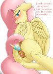  2018 animal_genitalia anus blush butt dessert digital_media_(artwork) equine feathered_wings feathers female feral fluttershy_(mlp) food friendship_is_magic fur h3nger hair horse ice_cream long_hair looking_at_viewer mammal my_little_pony open_mouth pink_hair pussy solo text wings 