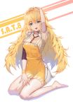  :p absurdres alternate_costume apron bad_id bad_pixiv_id bangs barefoot blonde_hair blush breasts character_name closed_mouth collared_shirt commentary eyebrows_visible_through_hair girls_frontline green_eyes hair_between_eyes hairband hand_on_own_head highres ilja long_hair looking_at_viewer messy_hair orange_hairband s.a.t.8_(girls_frontline) shirt short_sleeves sidelocks simple_background sitting smile solo striped striped_shirt thighs tongue tongue_out very_long_hair wariza white_background wristband 