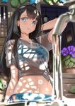  arm_at_side arm_behind_head bangs bikini bikini_under_clothes black_hair blue_eyes blurry blush breasts building commentary dappled_sunlight day depth_of_field english_commentary faucet floral_print flower hair_ornament hairclip kinugasa_yuuichi lamp long_hair looking_at_viewer medium_breasts midriff navel original picture_(object) plant potted_plant print_shirt shirt short_sleeves side-tie_bikini smile solo sunlight swimsuit t-shirt tied_shirt upper_body water wet wet_clothes wet_shirt white_shirt 
