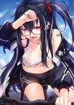  azur_lane bangs bike_shorts black-framed_eyewear black_hair black_nails black_shorts blue_sky blush breasts character_name cleavage clothes_writing cloud collarbone commentary_request covered_nipples day earrings glasses hair_between_eyes iron_cross jacket jewelry kurenai_musume large_breasts long_hair mole mole_under_eye multicolored_hair nail_polish navel no_bra one_side_up open_clothes open_jacket open_mouth outdoors red_eyes riding semi-rimless_eyewear shorts sidelocks sky solo stomach streaked_hair sunlight sweat tank_top thighs u-47_(azur_lane) unzipped wet wet_clothes white_hair white_tank_top wiping_sweat zipper zipper_pull_tab 