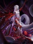  artist_name blood bottomless breasts camisole cthulhu_mythos flower full_body green_eyes hair_flower hair_ornament highres long_hair looking_at_viewer nipples original pale_skin sarena see-through slime small_breasts solo standing standing_on_one_leg tentacles very_long_hair white_hair 
