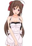 ahoge apron bikini black_bikini blush breasts brown_hair cleavage commentary_request eyebrows_visible_through_hair frilled_bikini frills hair_between_eyes kantai_collection large_breasts linfa_lm long_hair looking_at_viewer mamiya_(kantai_collection) open_mouth pink_eyes simple_background solo swimsuit swimsuit_under_clothes white_apron white_background 