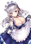  absurdres apron azur_lane bangs belfast_(azur_lane) blue_eyes blush braid breasts cannon chain cleavage collar collarbone commentary corset dress dress_lift eyebrows_visible_through_hair floating_hair french_braid frilled_sleeves frills gauntlets gloves gui_ss head_tilt highres large_breasts lifted_by_self long_hair looking_at_viewer maid maid_headdress md5_mismatch rigging sidelocks silver_hair simple_background skindentation smile solo white_background white_gloves 