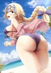 akita_hika ass beach bikini blonde_hair blue_eyes blue_sky blush bow braid breasts commentary_request day fate/apocrypha fate_(series) front-tie_bikini front-tie_top hair_bow headpiece highres hips huge_ass jacket jeanne_d'arc_(fate) jeanne_d'arc_(fate)_(all) large_breasts long_hair looking_back ocean off_shoulder open_clothes open_jacket open_mouth palm_tree pink_jacket purple_bikini purple_bow side-tie_bikini single_braid sky smile solo swimsuit thighs tree wide_hips 