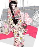  blush casual closed_mouth commentary_request feet_out_of_frame ginkou_(atmzh) glasses japanese_clothes kimono multicolored multicolored_clothes multicolored_kimono original print_kimono sitting train_interior 