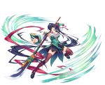  absurdly_long_hair bangs bare_shoulders black_legwear blue_hair blush breasts detached_sleeves fingernails full_body highres holding holding_weapon kan'u katagiri_hinata koihime_musou large_breasts loafers long_hair looking_at_viewer naginata necktie official_art open_mouth polearm ponytail sennen_sensou_aigis shiny shiny_clothes shiny_hair shiny_skin shoes side_ponytail skirt sleeveless solo thighhighs transparent_background very_long_hair weapon wide_sleeves yellow_eyes zettai_ryouiki 