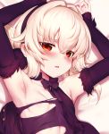  armpits arms_up bed_sheet blush breasts close-up dakimakura detached_sleeves fur_trim hairband looking_at_viewer m-da_s-tarou parted_lips red_eyes rocoroco short_hair small_breasts solo tanaka_the_wizard upper_body white_hair 