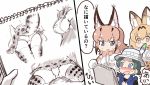  :3 animal_ear_fluff animal_ears ass black_hair blonde_hair blue_eyes blue_vest blush bow bowtie breasts caracal_(kemono_friends) caracal_ears commentary_request drawing elbow_gloves extra_ears eyebrows_visible_through_hair gloves green_hair hair_between_eyes hat hat_feather kemono_friends kyururu_(kemono_friends) large_breasts multicolored_hair multiple_girls open_mouth orange_hair panties serval_(kemono_friends) serval_ears shirt short_hair sideboob simple_background sketchbook sleeveless sleeveless_shirt smile tanaka_kusao thighhighs translated underwear vest white_background white_hat 