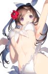  :d arm_up armpits bangs bikini blush breasts brown_hair cleavage commentary_request eyebrows_visible_through_hair flower frilled_bikini frills groin hair_flower hair_ornament hair_ribbon hand_up highres idolmaster idolmaster_shiny_colors large_breasts long_hair looking_at_viewer nakamura_takeshi navel open_mouth ponytail purple_eyes red_flower ribbon scrunchie sidelocks simple_background smile solo swimsuit thighs tsukioka_kogane white_background white_bikini white_ribbon wrist_scrunchie 
