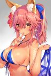  animal_ear_fluff animal_ears bangs bare_shoulders bead_necklace beads bikini blue_bikini blue_nails blue_ribbon blush breasts character_name cleavage collarbone commentary_request eyebrows_visible_through_hair fate/grand_order fate_(series) finger_to_mouth flower fox_ears gradient gradient_background grey_background hair_between_eyes hair_flower hair_ornament hair_ribbon index_finger_raised jewelry large_breasts long_hair looking_at_viewer matarou_(genkai_toppa) nail_polish necklace parted_lips ponytail ribbon sash shushing smile solo swimsuit tamamo_(fate)_(all) tamamo_no_mae_(fate) tan tanline 