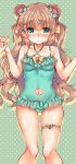  :&lt; animal_ears aqua_bow aqua_eyes aqua_ribbon aqua_swimsuit bangs bare_arms bare_shoulders bear_ears bear_girl blush bow breasts brown_hair casual_one-piece_swimsuit closed_mouth collarbone criss-cross_halter eyebrows_visible_through_hair fingernails frilled_swimsuit frills green_background hair_between_eyes hair_bow hair_ornament hair_ribbon hairclip halterneck hands_up highres holding_hands interlocked_fingers long_hair looking_at_viewer multiple_girls navel navel_cutout nose_blush one-piece_swimsuit original out_of_frame polka_dot polka_dot_background polka_dot_bow ribbon shiny shiny_hair shiny_skin sidelocks small_breasts standing suzune_rena swimsuit thigh_ribbon very_long_hair x_hair_ornament yellow_bow yellow_ribbon 