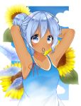  absurdres alternate_hairstyle armpits arms_up artist_name bad_id bad_pixiv_id bare_arms blue_dress blue_eyes blue_hair blue_sky blush border breasts cirno cloud collarbone commentary day dress eyebrows_visible_through_hair flower hair_between_eyes hair_tie highres ice ice_wings looking_up mouth_hold outside_border ponytail red_ribbon ribbon shiki_(s1k1xxx) short_hair short_ponytail sky sleeveless sleeveless_dress small_breasts solo spaghetti_strap sunflower tan tanline tanned_cirno touhou twitter_username tying_hair upper_body white_border wings 