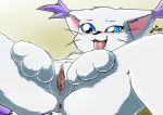  2018 anus blue_eyes blush breasts digimon digital_media_(artwork) feline female fur gatomon mammal milesnukem multicolored_fur nude open_mouth pussy_juice simple_background smile tongue tongue_out white_fur 