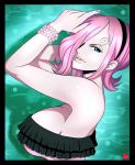  1girl blue_eyes breasts cape chris_re5 cleavage female hair_over_one_eye headphones large_breasts looking_at_viewer one_eye_covered one_piece parted_lips pink_clothes pink_hair scarf short_hair smile solo vinsmoke_reiju 