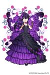  :d bangs bare_shoulders black_choker black_dress blue_eyes bouquet bow brown_gloves bug butterfly butterfly_hair_ornament butterfly_wings choker dress flower frilled_dress frills gloves gothic_wa_mahou_otome hair_between_eyes hair_ornament hair_ribbon hands_up highres holding holding_flower insect jenevan long_dress long_hair looking_at_viewer official_art open_mouth purple_bow purple_dress purple_flower purple_hair ribbon rose shoe_bow shoes smile solo standing veil watermark wings 