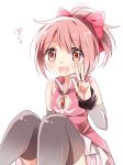  :d alternate_hairstyle ayumaru_(art_of_life) bare_shoulders black_legwear bow cosplay hair_bow highres kaname_madoka magical_girl mahou_shoujo_madoka_magica open_mouth pink_eyes pink_hair ponytail sakura_kyouko sakura_kyouko_(cosplay) short_hair sitting smile solo thighhighs w 