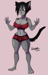  2018 anthro barefoot big_breasts black_hair black_nose booty_shorts breasts brown_eyes bulge cat cleavage clothed clothing crop_top dickgirl feline fur grey_fur hair hi_res huge_breasts intersex kai mammal navel nipple_bulge open_mouth partially_clothed ratchetjak shirt shorts simple_background skimpy solo standing surprise thick_thighs tight_clothing voluptuous wide_hips 