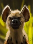  2018 anthro black_nose fangs fur hyena looking_at_viewer mammal smile solo spots spotted_fur swish teeth whiskers 