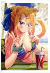  absurdres akino_sora animal_ears artist_name bangs bare_shoulders beach beach_towel bikini blonde_hair blurry blurry_background blush braid breasts cleavage cloud cloudy_sky collarbone drink drinking_straw eyebrows_visible_through_hair fingernails green_eyes hair_ornament hairclip highres huge_filesize large_breasts lips long_hair looking_at_viewer lying nail_polish on_side scan shiny shiny_skin sky solo striped striped_bikini swimsuit tail toranoana towel water 