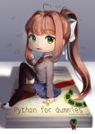  :3 :d absurdres ahoge artist_name black_legwear blue_skirt book book_focus bookmark brown_hair chibi commentary doki_doki_literature_club english english_commentary eyebrows_visible_through_hair for_dummies green_eyes hair_ribbon heart heart_ahoge highres long_hair looking_at_viewer monika_(doki_doki_literature_club) open_mouth ponytail python_(programming_language) ribbon sasoura school_uniform sitting skirt smile solo thighhighs v very_long_hair white_ribbon 