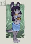  anthro armor black_hair bracers choker clothed clothing female flower fur grass green_eyes grey_fur hair mammal marsupial plant reign-2004 solo tattoo tree tribal vines wallaby 