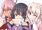  3girls ;) absurdres bangs bare_shoulders blush bridal_gauntlets brown_background brown_eyes brown_hair chloe_von_einzbern dark_skin detached_sleeves eyebrows_visible_through_hair fate/kaleid_liner_prisma_illya fate_(series) gloves gradient gradient_background grey_background grin hair_between_eyes hair_ornament head_tilt highres illyasviel_von_einzbern light_brown_hair long_sleeves looking_at_viewer miyu_edelfelt multiple_girls one_eye_closed orange_eyes pink_hair pink_sleeves prisma_illya puffy_long_sleeves puffy_sleeves purple_shirt purple_sleeves red_eyes shirt sleeveless sleeveless_shirt sleeves_past_wrists smile v white_gloves zongren 