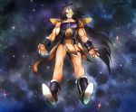  armor ayo_(isy8800) bad_id bad_pixiv_id black_hair boots commentary_request dragon_ball dragon_ball_z evil_smile floating full_body glowing long_hair looking_at_viewer looking_down male_focus raditz scouter sky smile solo star star_(sky) starry_background starry_sky tail very_long_hair wristband 