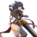  akatsuki_no_kiseki ao_no_kiseki ass black_legwear boots breasts cowboy_shot cross-laced_clothes dress eiyuu_densetsu gauntlets greatsword hair_ribbon hair_rings highres medium_breasts official_art open_mouth pelvic_curtain purple_eyes purple_hair ribbon rixia_mao short_hair simple_background solo sword thigh_boots thighhighs thighs weapon white_background zero_no_kiseki 