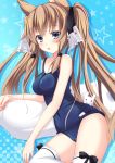  :o animal_ears bangs bare_arms bare_shoulders black_bow blue_background blue_eyes blue_swimsuit bow collarbone commentary_request eyebrows_visible_through_hair hair_between_eyes hair_ribbon highres light_brown_hair long_hair old_school_swimsuit one-piece_swimsuit original parted_lips ribbon school_swimsuit solo star starry_background swimsuit thighhighs twintails usaginezumi very_long_hair white_legwear white_ribbon 