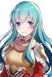  aqua_hair blue_eyes breastplate closed_mouth commentary_request eirika fire_emblem fire_emblem:_seima_no_kouseki fire_emblem_heroes highres long_hair ringozaka_mariko shoulder_armor simple_background smile solo white_background 