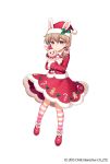  animal_hat brown_eyes brown_hair bunny_hat candy candy_cane crossed_arms dress food full_body gingerbread_man gothic_wa_mahou_otome hair_between_eyes hat hat_ornament highres holding holding_stuffed_animal holly jenevan medium_hair official_art pink_legwear red_dress red_footwear red_skirt santa_hat short_twintails simple_background skirt standing striped striped_legwear stuffed_animal stuffed_bunny stuffed_toy twintails 