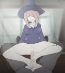  1boy 1girl animated animated_gif barefoot breasts footjob hat indoors legs little_witch_academia medium_breasts medium_hair no_panties one_eye_covered penis pink_hair pussy red_eyes smile sucy_manbavaran tvcomrade witch_hat 