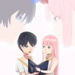  1boy 1girl anichka bangs bare_shoulders black_hair blue_eyes blue_horns blush book child collarbone commentary couple darling_in_the_franxx dual_persona english_commentary eyebrows_visible_through_hair face-to-face facing_another green_eyes hetero highres hiro_(darling_in_the_franxx) holding holding_book horns long_hair looking_at_another oni_horns open_mouth pink_hair red_horns reincarnation shirt short_hair short_sleeves sleeveless sleeveless_shirt spoilers white_shirt zero_two_(darling_in_the_franxx) 