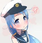  bare_shoulders blue_eyes blue_hair blush chestnut_mouth commentary_request eyebrows_visible_through_hair from_side hat kantai_collection long_hair looking_at_viewer looking_to_the_side nose_blush peaked_cap sailor_collar samidare_(kantai_collection) sleeveless solo upper_body yoru_nai 