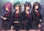  arms_behind_back black_hair black_serafuku breasts contemporary fir fire_emblem fire_emblem:_fuuin_no_tsurugi fire_emblem:_rekka_no_ken fire_emblem:_seima_no_kouseki green_eyes green_hair holding holding_knife karla knife long_hair looking_at_viewer lyndis_(fire_emblem) marica_(fire_emblem) multiple_girls neckerchief pleated_skirt ponytail purple_eyes purple_hair red_neckwear school_uniform serafuku shinon_(tokage_shuryou) skirt smile 