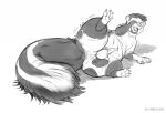  4_toes balls beard black_fur blush butt clothing facial_hair fur gillpanda greyscale hair human lying male mammal monochrome navel one_eye_closed open_mouth paws penis shirt simple_background sketch skunk smile solo thenomeking thick_thighs toes torn_clothing transformation white_background white_fur 