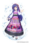  apron black_footwear blue_hair blush brown_eyes dress floral_print full_body gothic_wa_mahou_otome hand_up highres jenevan long_sleeves looking_at_viewer official_art purple_dress shawl shoes smile standing striped striped_legwear traditional_clothes water_drop watermark 