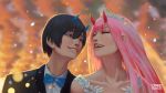  1boy 1girl bangs black_hair black_suit blue_horns blue_neckwear bridal_veil carlo_montie collarbone commentary couple darling_in_the_franxx earrings english_commentary eyes_closed fangs formal green_eyes hetero highres hiro_(darling_in_the_franxx) horns jewelry long_hair oni_horns pink_hair red_horns shirt short_hair signature suit tiara veil white_shirt zero_two_(darling_in_the_franxx) 