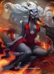  anthro aomori big_breasts breasts clothed clothing dragon dress female fire hair horn jewelry looking_at_viewer midnight_(character) necklace solo watermark wide_hips 