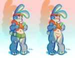  anthro blue_fur blush clothed clothing drinking female fur juice_box lagomorph mammal nude panken pussy rabbit shorts solo standing sweat towel 