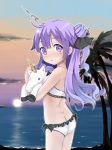  ahoge ass azur_lane bangs bare_arms bare_shoulders beach bikini black_ribbon blush breasts butt_crack cloud commentary_request dimples_of_venus eyebrows_visible_through_hair hair_between_eyes hair_bun hair_ribbon highres horizon kumaneko_rococo long_hair looking_at_viewer looking_to_the_side object_hug ocean one_side_up outdoors palm_tree parted_lips purple_eyes purple_hair ribbon side_bun sky small_breasts solo standing stuffed_alicorn stuffed_animal stuffed_toy sun sunset swimsuit tree unicorn_(azur_lane) very_long_hair water white_bikini 