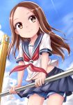  blue_sailor_collar blue_skirt blue_sky brown_eyes brown_hair cloud condensation_trail cowboy_shot day forehead highres horizontal_bar karakai_jouzu_no_takagi-san long_hair looking_at_viewer midriff neckerchief pleated_skirt sailor_collar school_uniform serafuku shirt short_sleeves shorts shorts_under_skirt skirt sky skywalker0610 smile solo takagi-san white_shirt wind 