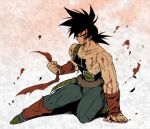  armor ayo_(isy8800) bad_id bad_pixiv_id bandana bardock black_eyes black_hair blood blood_on_face boots broken_armor clenched_hand dragon_ball frown full_body gradient gradient_background male_focus nipples scar serious shadow short_hair simple_background sitting solo spiked_hair wristband 